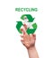 Waste treatment. Collage with female hand holding glass bottle and recycling sign on white background