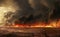 Wasteland with ravaging wildfire, barren land, landscape panorama with flames and smoke beneath a dramatic sky. Generative AI