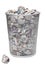 Wastepaper basket with papers lying over white background