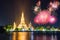 Wat Arun Ratchawararam Ratchawaramahawihan with lighting public landmark with beautiful Fireworks