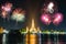 Wat Arun Ratchawararam Ratchawaramahawihan with lighting public landmark with beautiful Fireworks