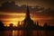 Wat Arun at sunset with long tail boat, in Bangkok, Thailand. Generative AI