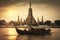 Wat Arun at sunset with long tail boat, in Bangkok, Thailand. Generative AI