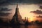 Wat Arun at sunset with long tail boat, in Bangkok, Thailand. Generative AI