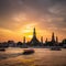 Wat Arun at sunset with long tail boat, in Bangkok, Thailand. Generative AI