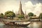 Wat Arun at sunset with long tail boat, in Bangkok, Thailand. Generative AI
