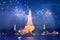 Wat Arun temple in bangkok with fireworks. New year and holiday concept