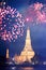 Wat Arun temple in bangkok with fireworks. New year and holiday concept
