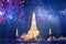 Wat Arun temple in bangkok with fireworks. New year and holiday concept