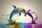 Watch the dance of color as these two dolphins move gracefully in a vibrant pool. A stunningly beautiful and colorful image.