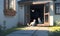 watchful cat is staring out the window at a couple of birds in the yard The birds are hunting for food on the ground.