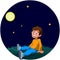 Watching night sky Boy happy watches moon stars Sitting on grass circle oval design