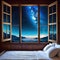 a watching out at big window open to galaxy midnight idea for imagination and dream