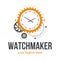 Watchmaker or clockmaker abstract logo. Watchmaking School sign. Watch restoration .icon. Clock repair service