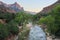 The Watchman and Virgin River from the Canyon Junction Bridge, Zion National Park, Utah, USA