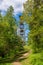 watchtower details and wooden bars, stairs and walls from below up