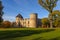 Watchtower and surrounding wall of castle ruins in Cesis town, Latvia