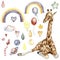 Watecolor hand drawn giraffe illustration and rainbow, Cartoon tropical animal , exotic summer jungle design. Design for baby