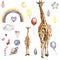 Watecolor hand drawn giraffe illustration and rainbow, Cartoon tropical animal , exotic summer jungle design. Design for baby