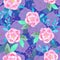 Watecolor seamless pattern made of cute bright pink flowers in dark blue background, wrapping paper and fabric pattern.
