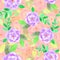 Watecolor seamless pattern made of cute bright pink flowers in pale orange background, wrapping paper and fabric pattern.
