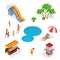 Water amusement park playground with slides and splash pads for family fun set abstract illustration. Water park and