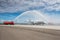 Water arch for first visit white passenger jetliner at the airport