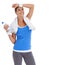 Water bottle, fitness and young woman in studio on break for exercise, training or workout. Smile, sports and happy