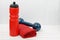 Water bottle, towel and dumbell