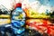 Water bottle on vibrant watercolor splash background in red, yellow, and blue