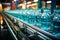 Water bottles on a conveyor belt, beverage factory operates a production line, processing and bottling drink