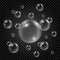 Water bubbles on transparent background. Set of vector white soap bubbles. Underwater fizzing air bubbles. Oxygen