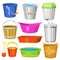Water buckets handle container equipment household clean plastic empty domestic tool vector illustration