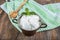 Water buffalo yogurt fermented in copper bowl. Homemade Yogurt in bowl on wooden table, top view, copy space. Organic plain greek