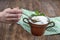 Water buffalo yogurt fermented in copper bowl. Homemade Yogurt in bowl on wooden table, top view, copy space. Organic plain greek