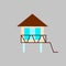 Water bungalow on stilt flat icon. Maldivian house. Exotic vacation. Tropical resort. Isolated vector illustration