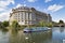 Water-bus on water. Water canals of Strasbourg city. European summer