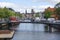 Water  canal in the city center with moored ships, Copenhagen, Denmark