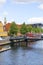 Water  canal in the city center with moored ships, Copenhagen, Denmark