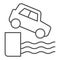 Water car accident thin line icon. Vehicle falling down into sea symbol, outline style pictogram on white background