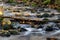 A water cascade with boulders in autumn creek with fallen leaves on a rocky shore.