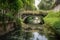 water channel with bridge, covered in greenery and flowers