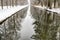 Water channel through snowy forest