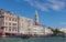 Water channels of Venice city. Facades of residential buildings overlooking the Grand Canal in Venice, Italy.