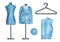 Water color drawing collection of fashion and sewing sign: blank mannequin, stylish men suit, round button, dress hanger.