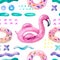 Water color flamingo pool float, donut lilo floating on 80s 90s background.