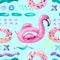 Water color flamingo pool float, donut lilo floating on 80s 90s background.