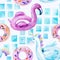 Water color flamingo, unicorn pool float, ring donut lilo floating in blue swimming pool