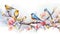 Water color illustration of colorful birds on a tree branch with spring bloom