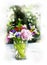 water color painting Bouquet flowers in glass vase on outdoor and bokeh background with artistic technical effect - water color